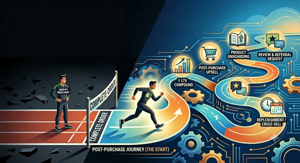 The Post-Purchase Journey — from complete order to LTV compound, product onboarding, review and referral, and replenishment